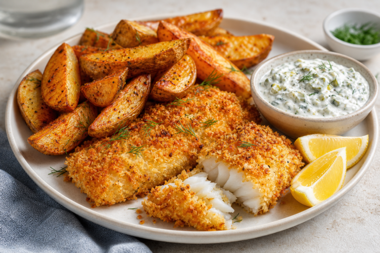 Helppo fish and chips uunissa – rapea kala ja lohkoperunat