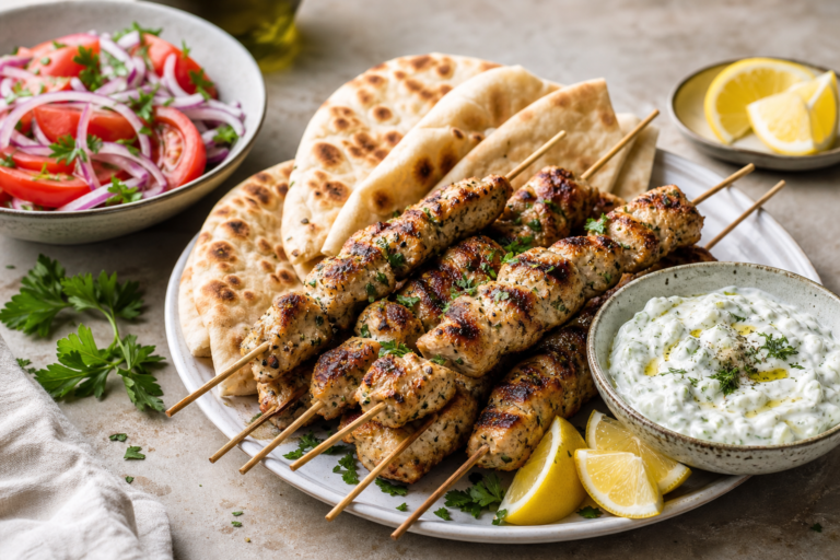 Souvlaki – kreikkalaiset possuvartaat pitaleivän ja tzatzikin kanssa